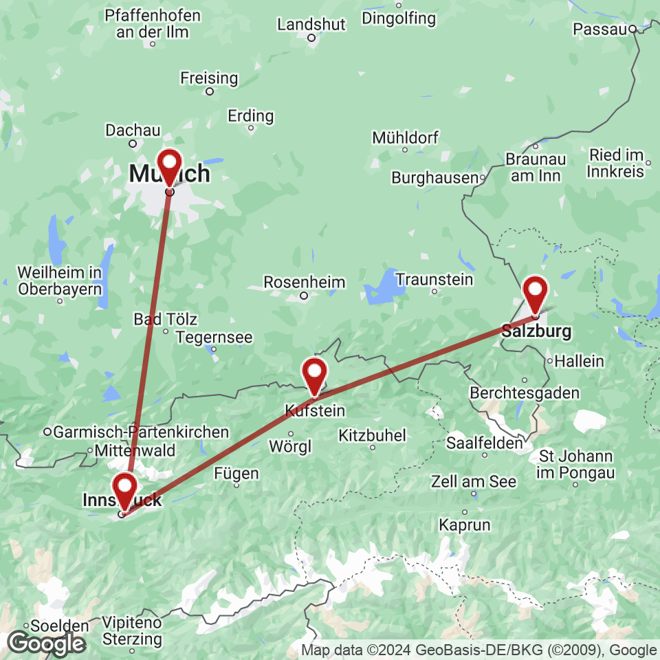Route for Munich, Innsbruck, Kufstein, Salzburg tour